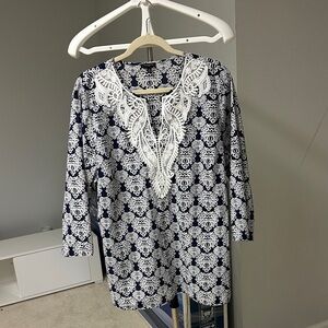 Talbots Navy and White Lace Blouse